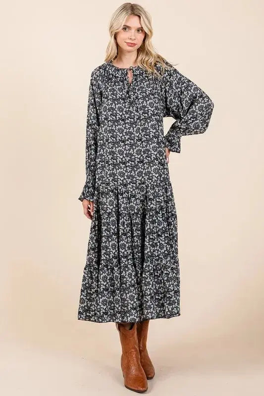 Mittoshop Printed Tie Neck Flounce Sleeve Midi Dress for Women - Love Salve